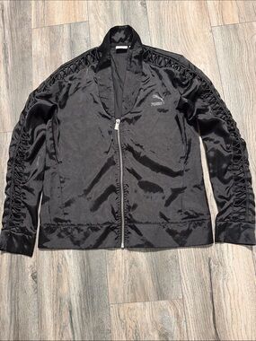 Puma Black Satin Lightweight Track Jacket with Lattice Sleeve Detail